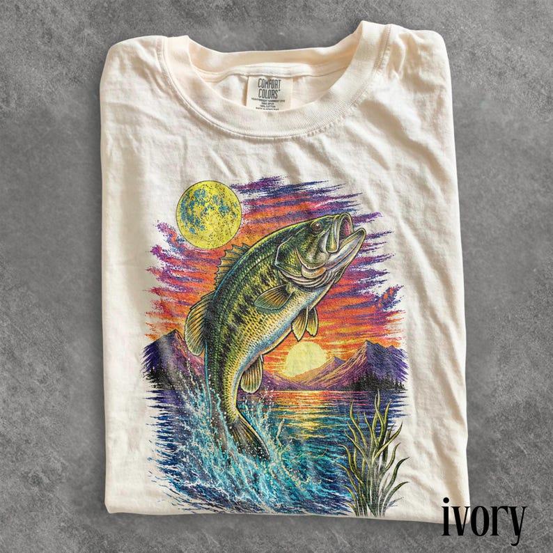 Vintage Bass Fishing Graphic Tee, Sunset Lake Fish Shirt, Retro Angler Outdoor Nature Aesthetic Top, Comfort Colors Fishing Gift Tee