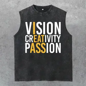 Vision Creativity Passion Washed Tank Top, Gym Essential, Vintage Casual Crewneck Short Sleeves Menswear T-shirts Classic Cotton Fabric Streetwear