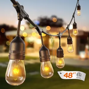 48 FT Outdoor String Lights Commercial Grade Weatherproof Strand, 18 Edison Vintage Bulbs, 15 Hanging Sockets (3 Spare Bulbs), ETL Listed Heavy-Duty Decorative Christmas Lights for Patio Garden