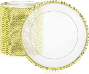 50 Pcs Clear Charger Plates 13 Inch Plastic Round Dinner Plates with Beaded Rim Dinner Table Decorative Plates for Home Wedding Kitchen Birthday Bridal Shower Party Dinner Table Supply (Gold)