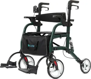 2 in 1 Rollator Walker & Transport Chair for Seniors, Folding Rolling Walker Wheelchair Combo with Wide Seat and Shock Absorber, Green
