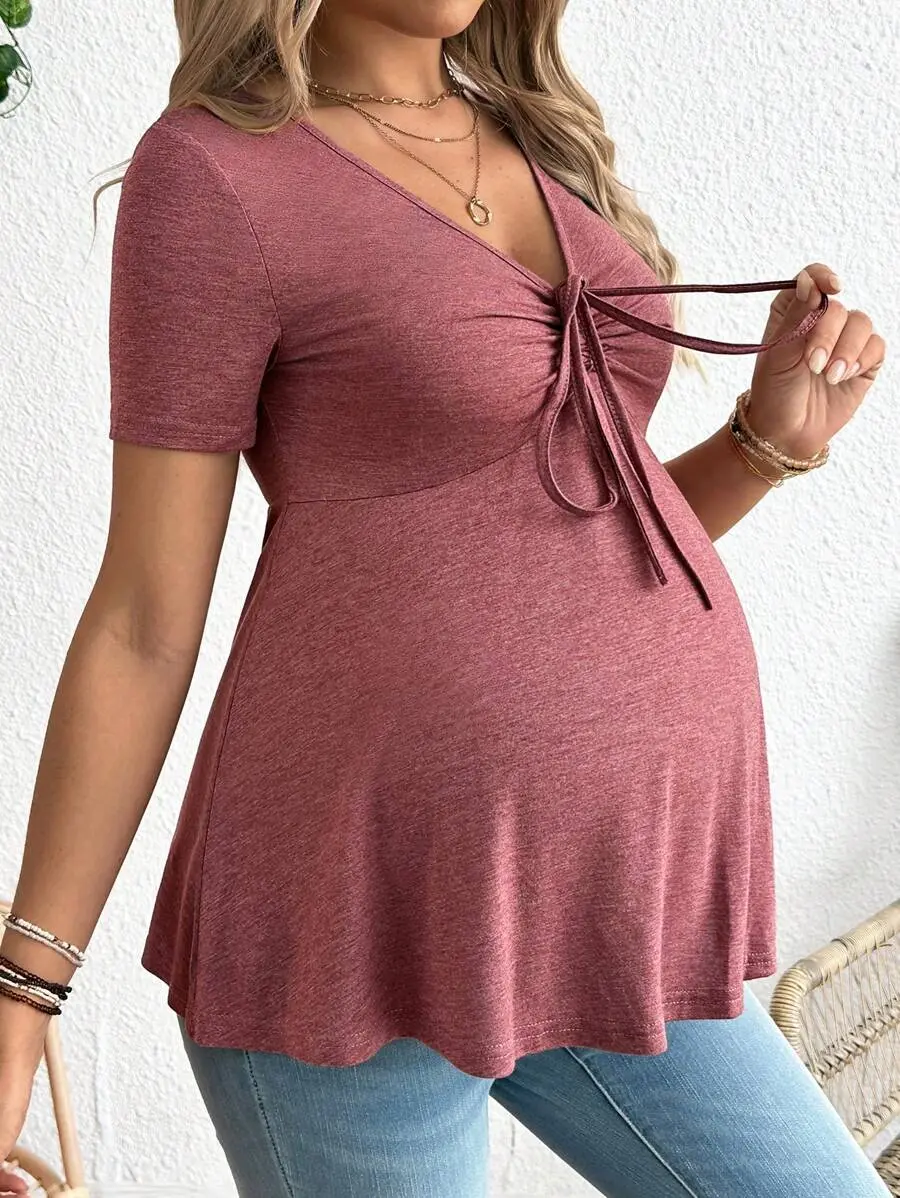 Maternity Solid Color Front Tie Short Sleeve Casual