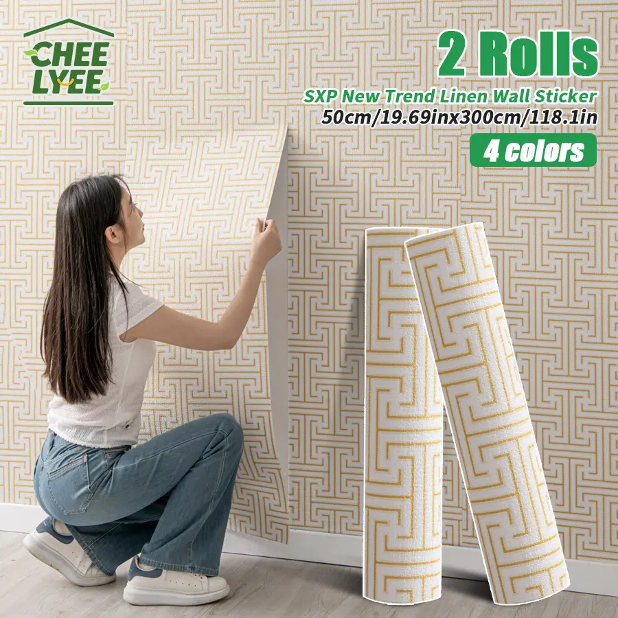 Chee Lyee 2 Rolls Self-Adhesive Sxp Linen Foam Wallpaper Stickers - 2mm Thick, Flat, Easy-to-Apply, Easy-Remove, 50x300cm Modern Home Decor for Indoor Walls, Bathroom, Kitchen