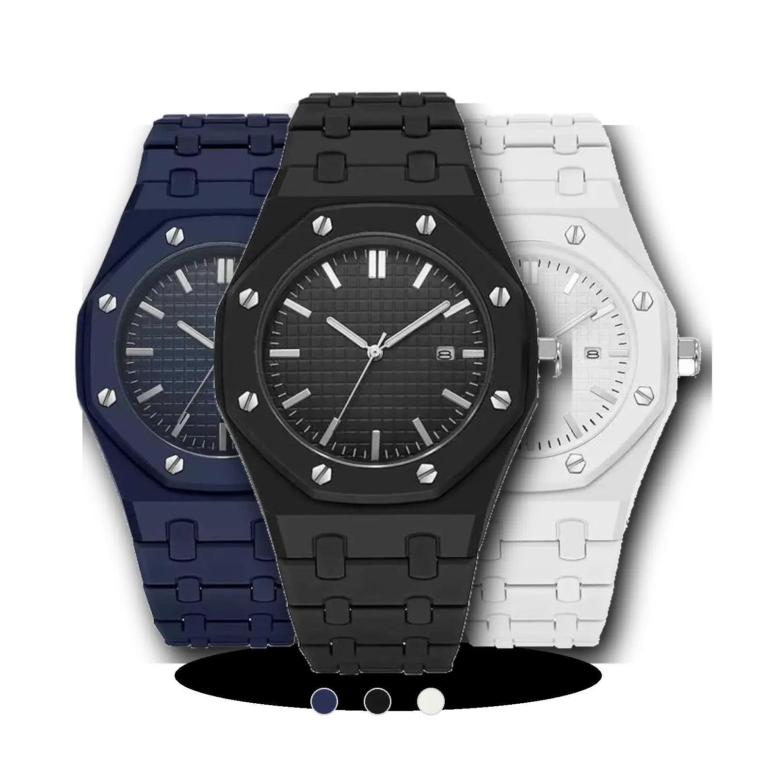 Unisex Sport Bracelet Watch with Octagonal Bezel, Textured Dial, Date Window, and Blue, Black, White Color Options