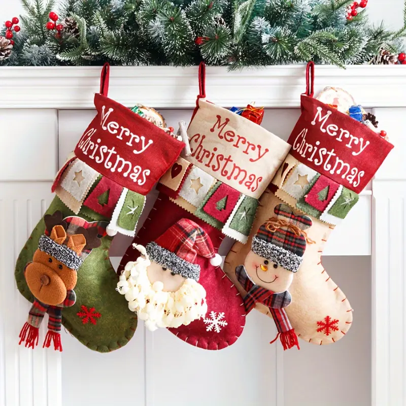 3pcs 18.5" Large Christmas Stockings Classic Santa, Snowman, Reindeer Xmas Character for Family Holiday Decorations Ornaments