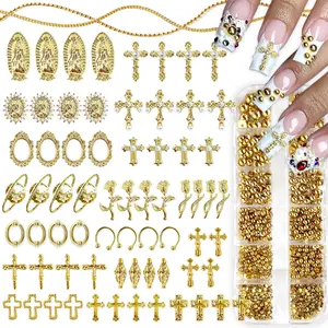 3D Cross Nail,Gold Flat Back Nail Pearls Beads for Crafting,Cute Nail Rhinestones for Nail Art Flower Virgin Mary Religious Gems Bulk Nail Chains (Gold)