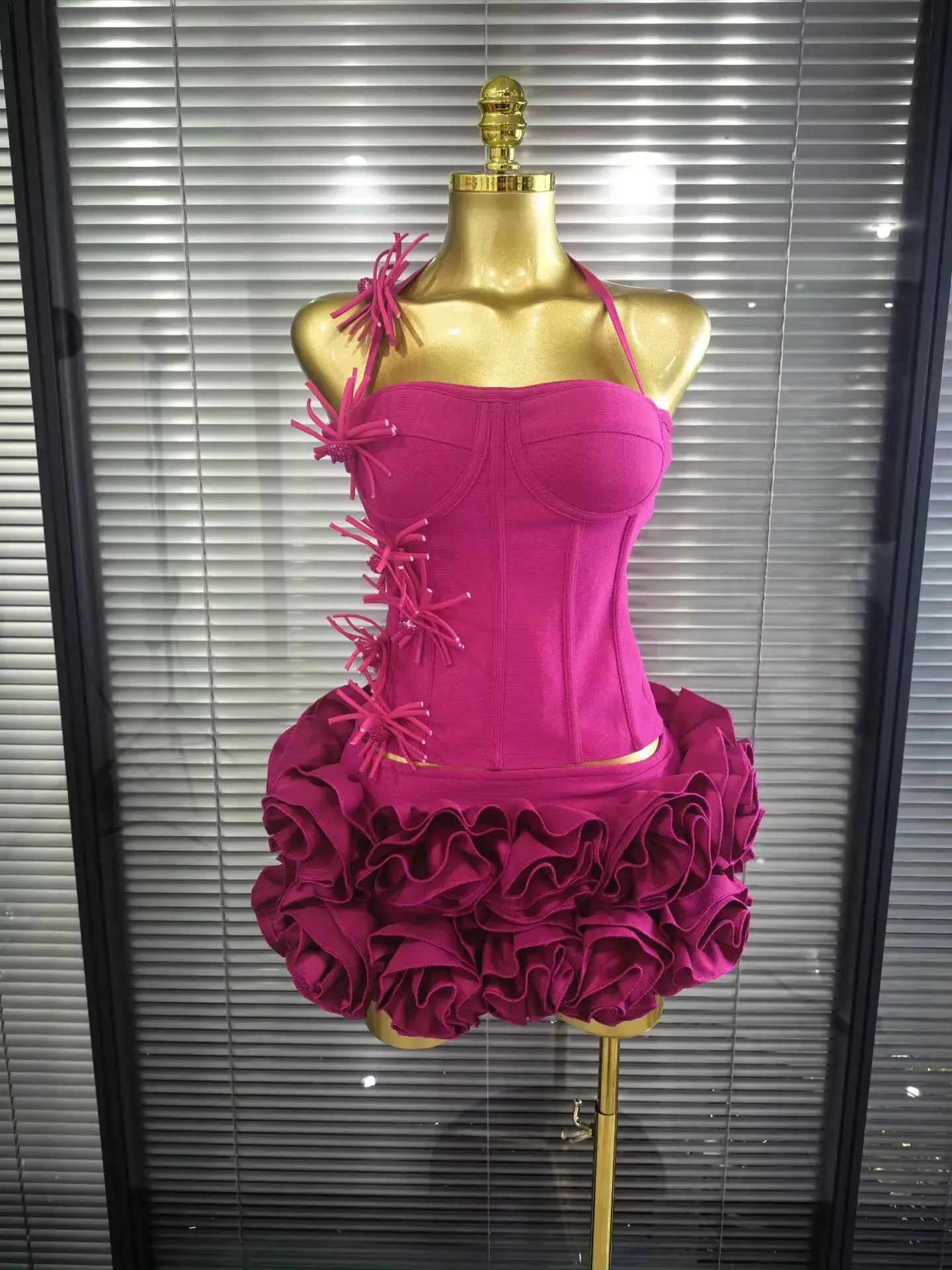 Red Black Women Sexy Halter Full Florals 2 Pieces Bodycon Mini Bandage Dress Celebrate Nightclub Party Birthday Outfit