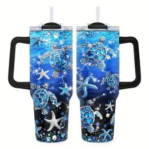 40oz turtle-themed stainless steel thermos with straw lid, travel coffee mug, decorated a jeweled turtle pattern, perfect for turtle lovers, marine animal-themed gift, birthday gift, Thanksgiving, Father's Stainless water Insulated Steel Sports Bottle