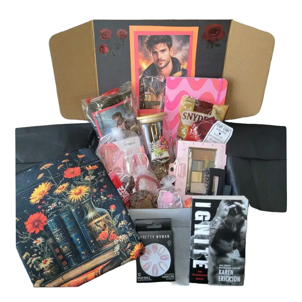 Willow & Sage - Blind Date with a Book Box - Deluxe Hand Decorated Bookish Gifts, Includes Wrapped & Decorated Box & New Book, Designer Book Sleeve, Designer Glass Tumber with lid/straw, Jewelry, Self Care masks, Claw Clip, Candle, Make up Pallete & more
