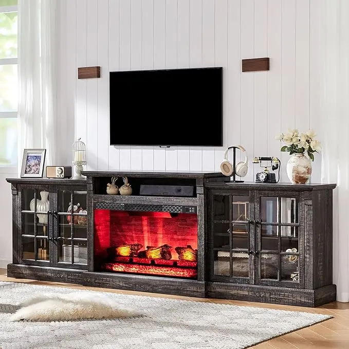 [Ships in 2 Boxes] Amerlife 70"/97" Farmhouse TV Cabinet - Fireplace TV Stand, Indoor Entertainment Center with Large Storage Space and Adjustable Shelf for Living Room, Fireplace TV Stands