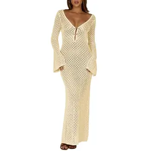 Fisace Womens V Neck Crochet Maxi Dresses Bell Sleeve Bodycon Long Dress Hollow Out Summer Beach Vacation Cover U