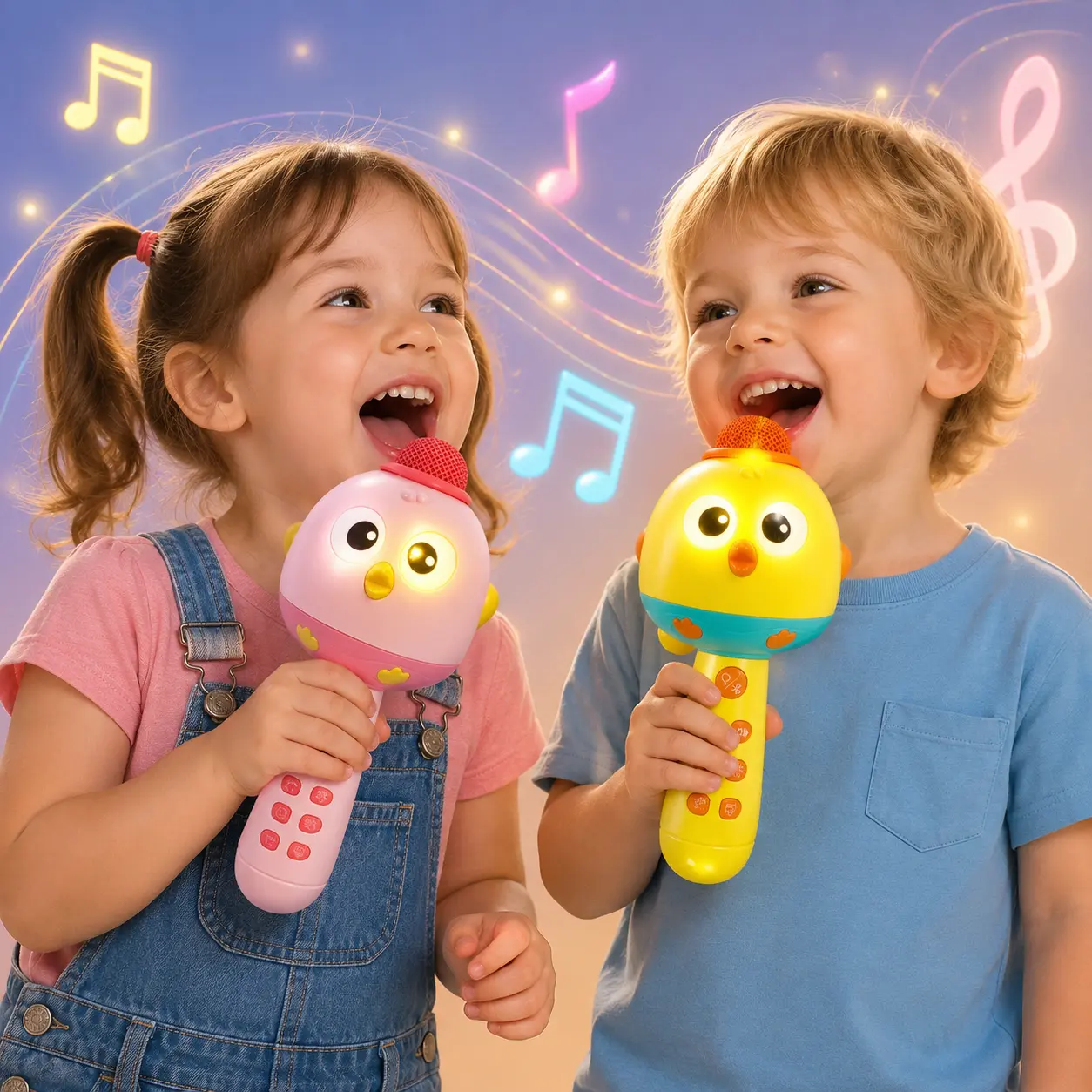 5-in-1 Kids Little Yellow Chick Wireless Bluetooth Karaoke Microphone - Lightweight Handheld Toy with Built-in Speaker, LED Light, LED Flashing Eyes, Voice Changer, Rechargeable ABS Body, Voice Effects, Ideal Birthday Gift for Kids