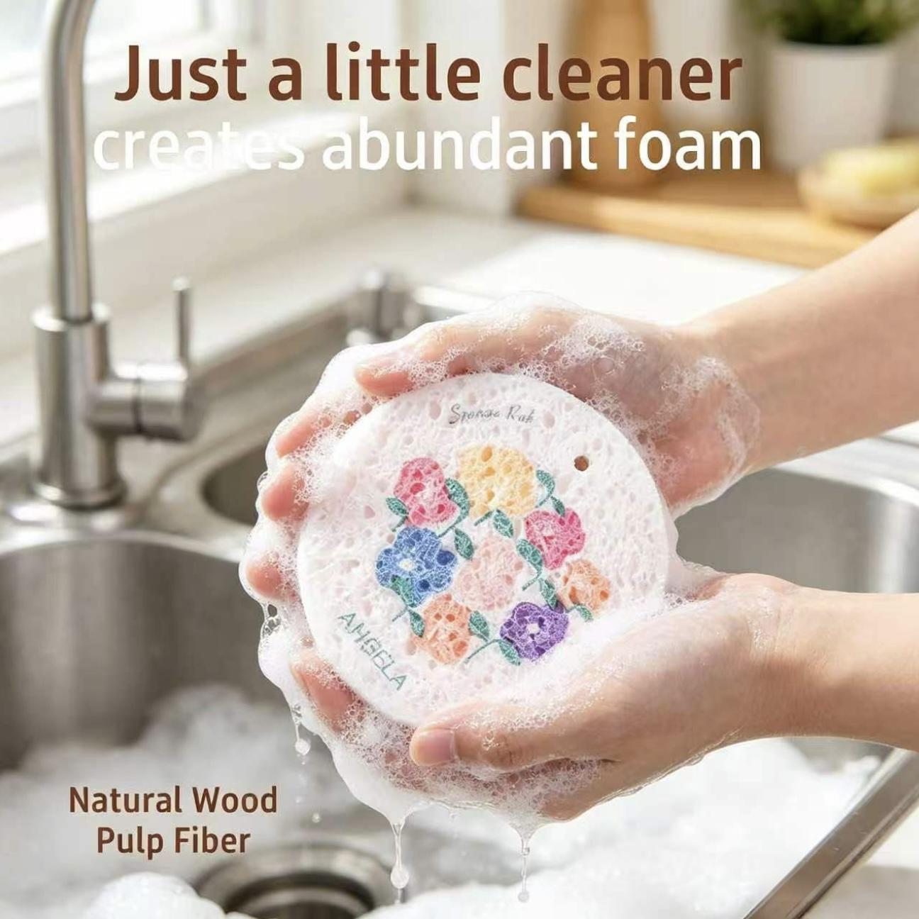 Luxury Eco-Friendly Wood Cellulose Floral Kitchen Sponge, Absorbent Foam Wipe, Soap-Compatible Flower-Printed Scrubber for Dishes (N2), Kitchen Sponges