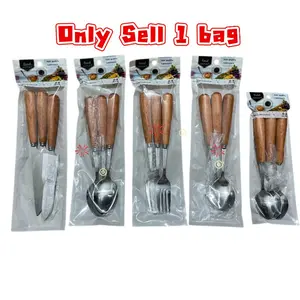 3-Piece Japanese Wooden Handle Stainless Steel Cutlery Set, Western Steak Knife, Real Wood Stainless Steel Spoon, Fruit Dessert Fork