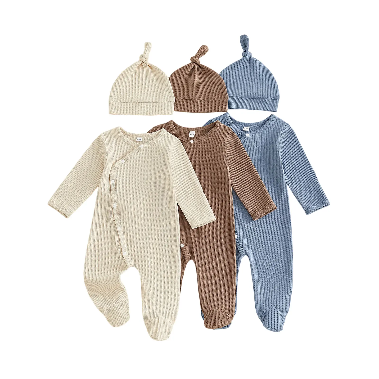 Newborn Baby Boy Footed Romper Cute Solid Color Long Sleeve Ribbed Jumpsuit with Hat