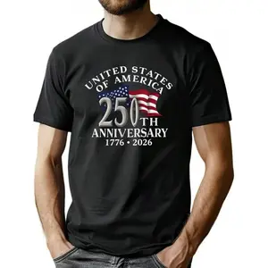 1pc Man' S American Flag 250th Anniversary Print Black TShirt, Crew Neck, Casual Cotton Tee, Medium Stretch Knit Fabric, Regular Fit For Boys& Man, Perfect For Spring/Summer/Fall