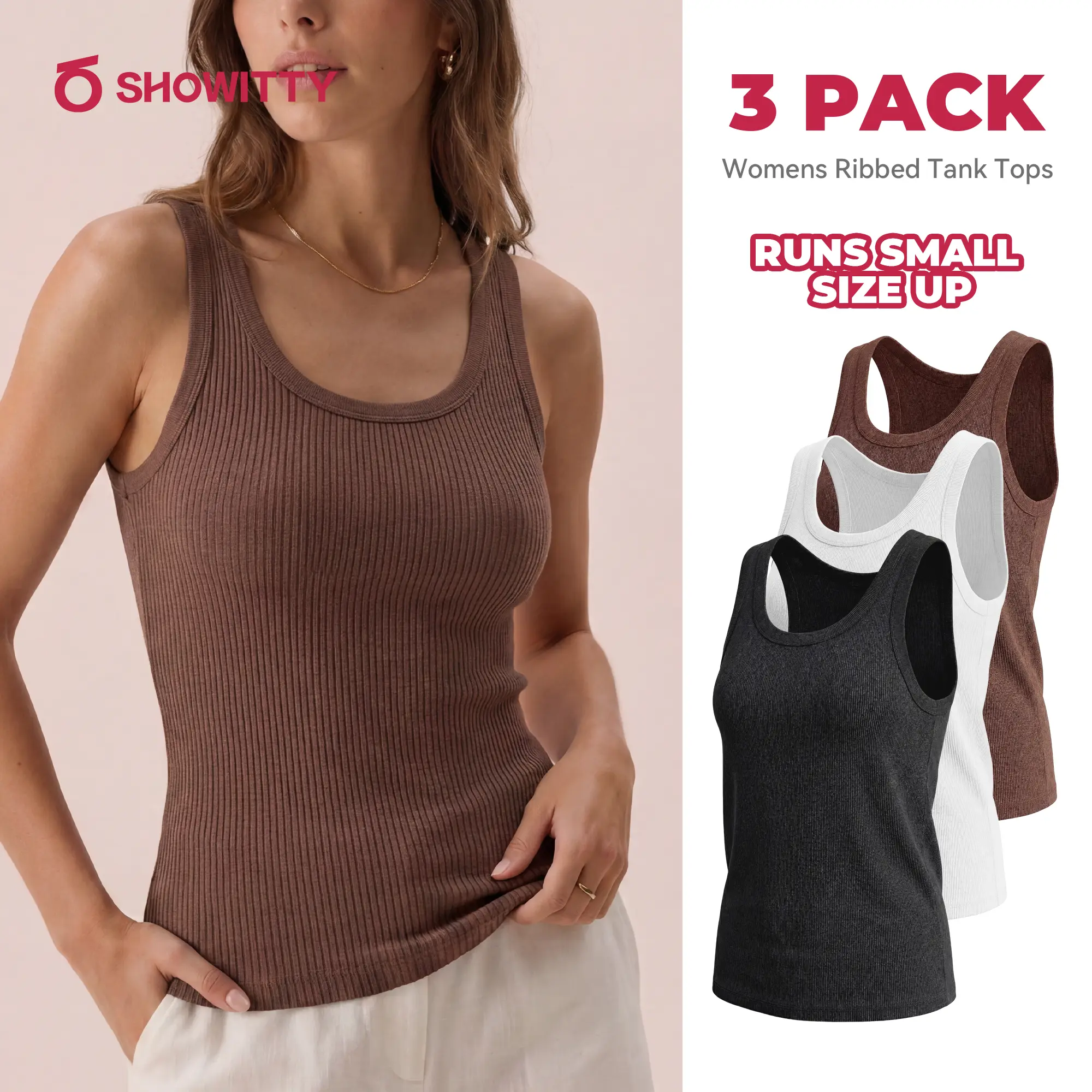 SHOWITTY Womens Ribbed Tank Tops 3 Pack – Crew Neck Sleeveless Basic Shirts, Soft Stretch Polyester Cami Tops for Layering and Everyday Wear #tiktokshopsummersale