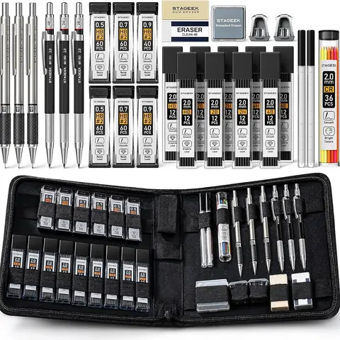 STAGEEK 30-Count Assortment Kit Pencils with Canvas Bag - 4 Different Pencil Models (0.5mm/0.7mm/0.9mm Mechanical, 3PCS 2.0mm Sketch), 464 Leads (6B/4B/2B/HB/2H/4H Hardness), Metal Body, Long-Lasting for Artists Drafting