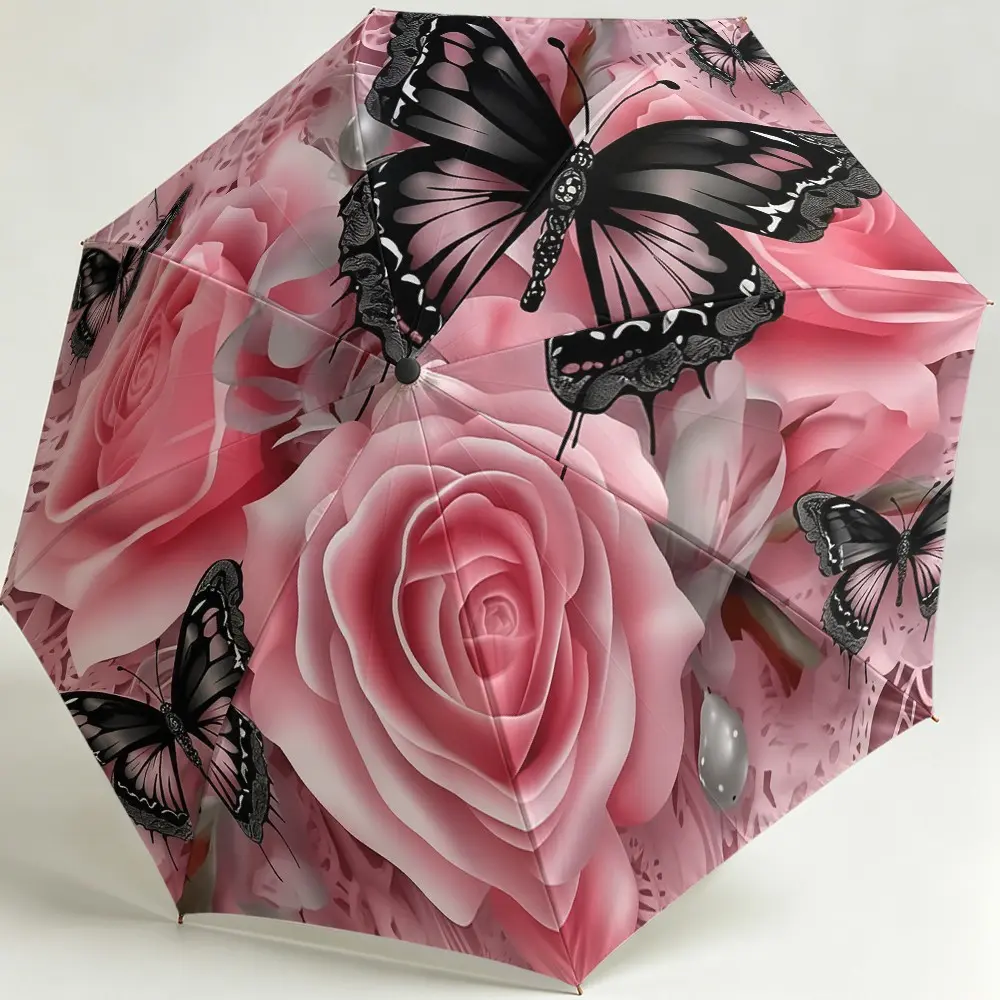 Rose Butterfly Reverse Umbrella, 8-Rib Durable Design, Foldable Rain & Sun Umbrella, Fun Pattern, Christmas/birthday Gift
