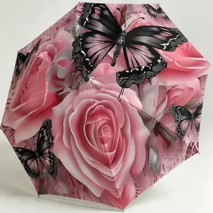 Rose Butterfly Reverse Umbrella, 8-Rib Durable Design, Foldable Rain & Sun Umbrella, Fun Pattern, Christmas/birthday Gift