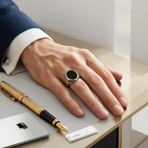 Unisex vintage black agate signet ring, stainless steel gold-plated thick ring, waterproof and non-fading jewelry in punk gothic aesthetic style, gift for boyfriend