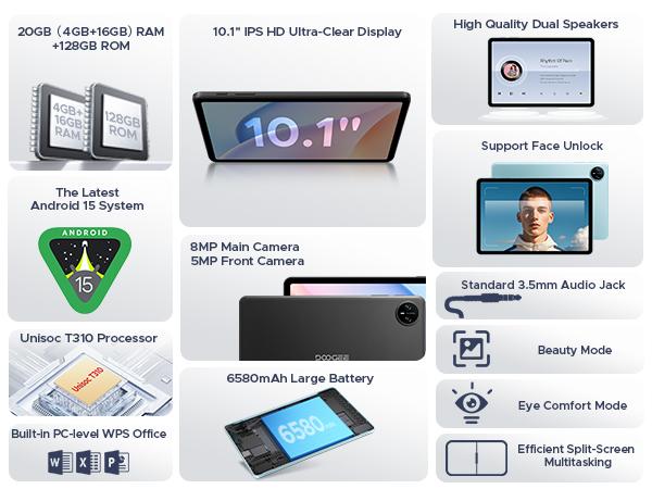 Tab A9 Pro 10" Tablet, Android 16, 20GB RAM, 128GB+2TB, 6580mAh Battery, 5G WiFi, HD Display, Dual Speakers, Face Unlock