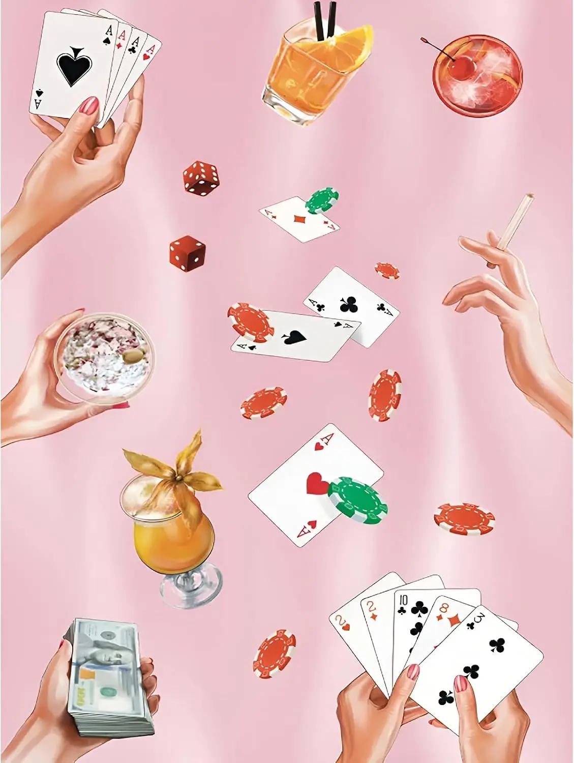 5D Diamond Painting Kit Girly Casino Night Art Playing Cards Poker Chips Cocktails Cash Dice Elegant Lady Hands Pink Silk Background Party Crystal Rhinestone Wall Decor Gift