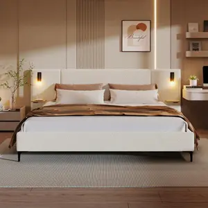 【Bellemave】Chic Boucle Upholstered Bed with Integrated Lights and Shelves, White, Queen /King