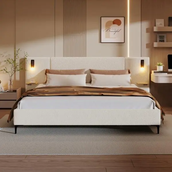 【Bellemave】Chic Boucle Upholstered Bed with Integrated Lights and Shelves, White, Queen /King 【Bellemave】Chic Boucle Upholstered Bed with Integrated Lights and Shelves, White, Queen /King