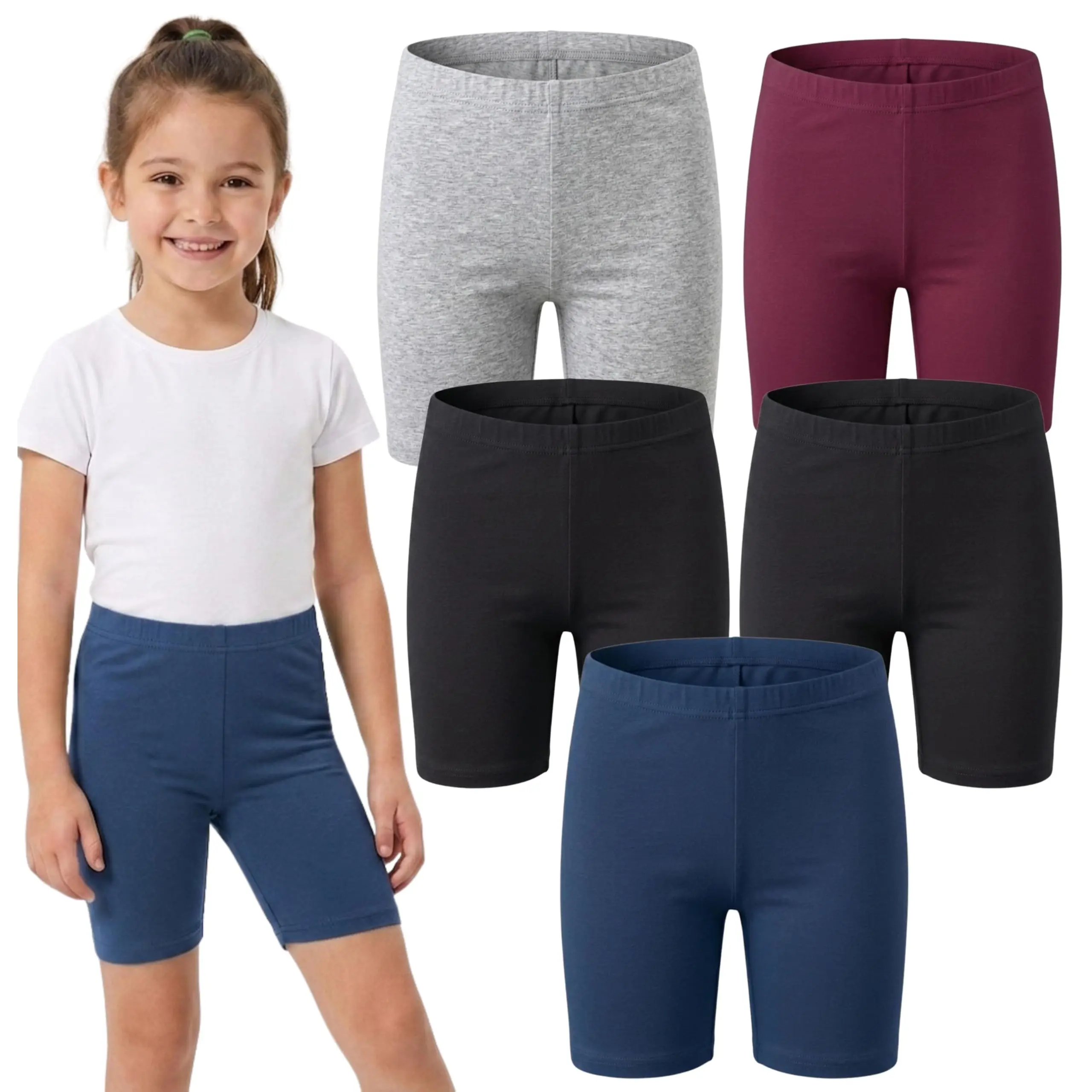 MISS POPULAR Girls Cotton Spandex Biker Shorts 5-Pack Stretch Active Shorts Elastic Waist Dance School Play 4–16
