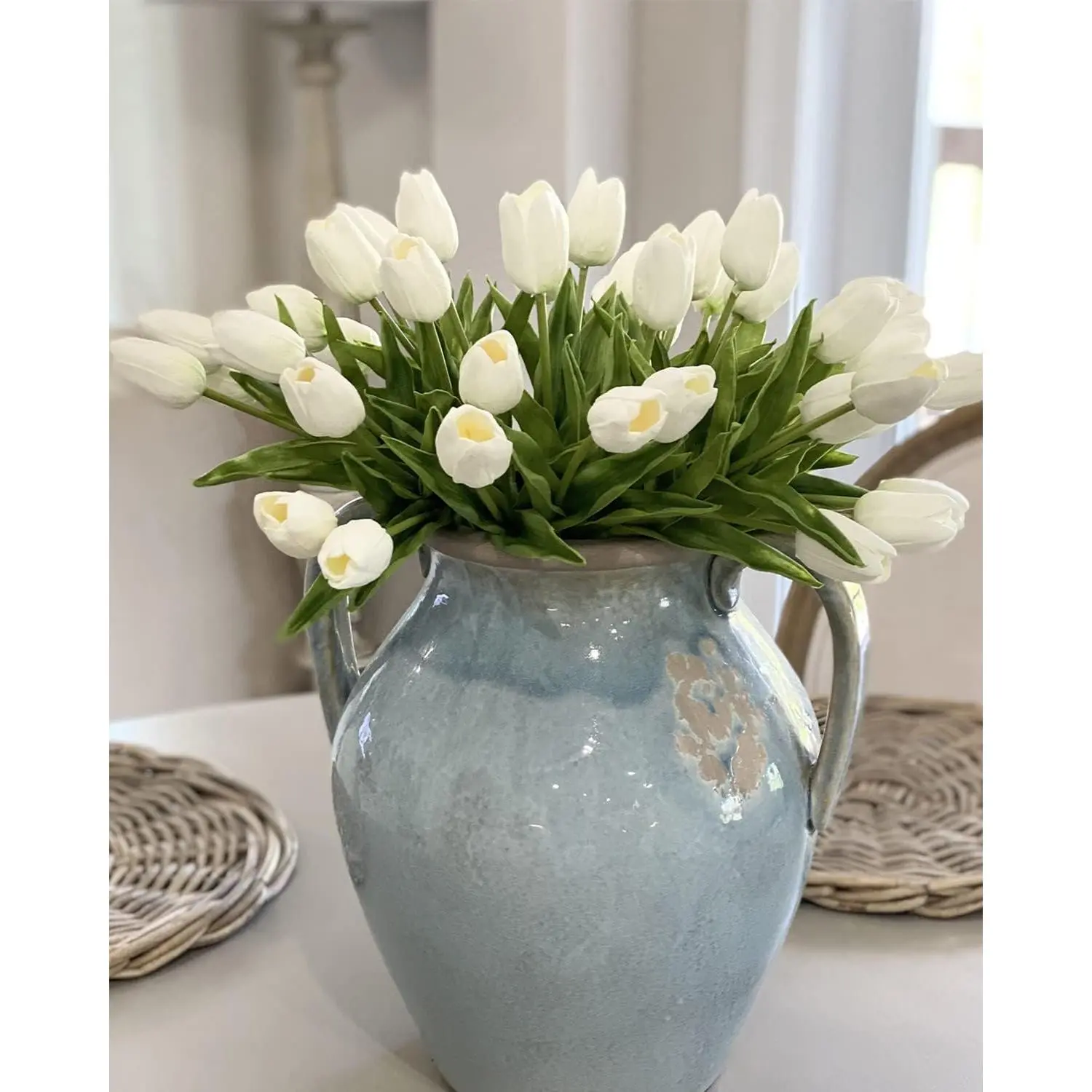 Anya White Tulips Artificial Flowers 18Pcs Faux Silk Tulip Real Touch Tulip Fake Flowers Bouquets Arrangements for Mother's Day Easter Spring Flowers Gifts Home Table Decor