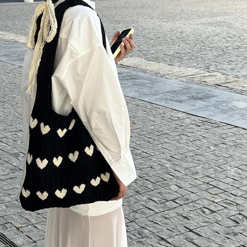 Women Love Heart Pattern Crochet Shoulder Bags, Fashionable Women's Handbags, Daily Casual Accessories, Perfect for Dating, Shopping and Traveling