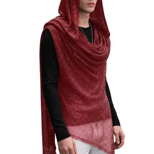 INCERUN Men's Glitter Hooded T-Shirt - Metallic Drape Cowl Neck, Irregular Hem Menswear Top, Cosplay Stage Costume