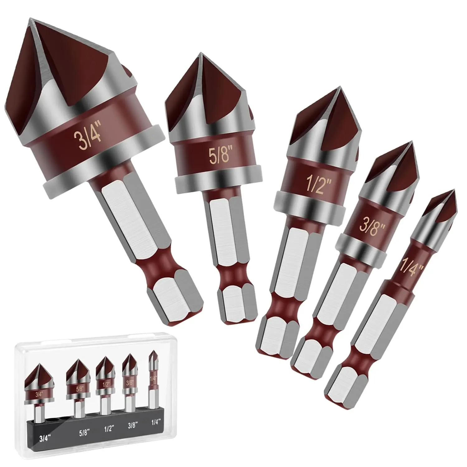 GJANSH Countersink Drill Bit, 5PCS 82 Degree HSS 1/4"-3/4" with 1/4" Hex Shank Countersink Drill Bit Set, Counter Sink Drill Bit for Wood, Metal, Plastic, Countersink Bit for Woodwork
