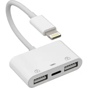 iPhone OTG Adapter Charger Cable Dongle Lightning Male to Dual USB Female Camera Memory Stick Flash Drive Cord Reader Mouse Keyboard Converter Card Charging Splitter for 14 13 12 11 Pro Max 7 8