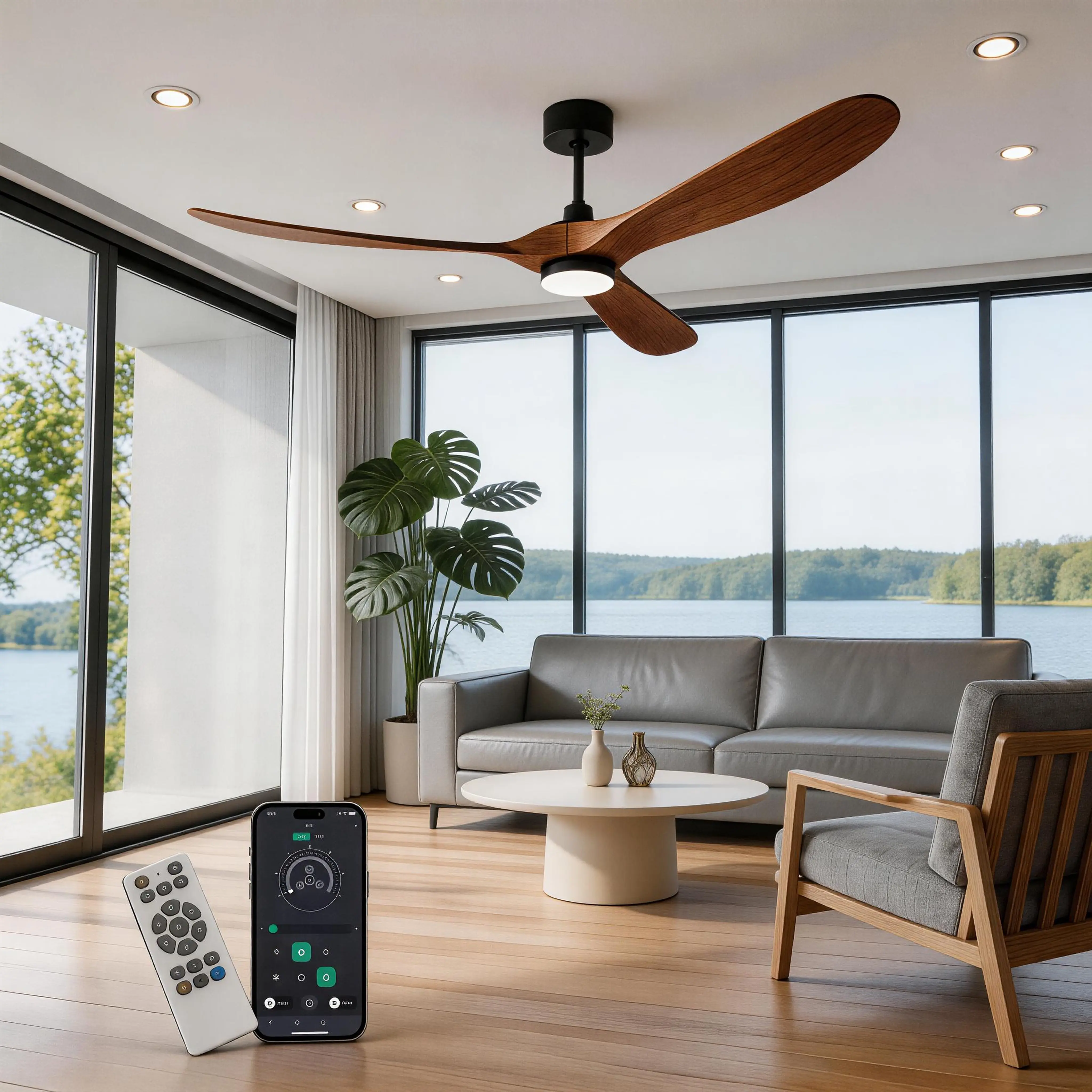 72-inch ceiling fan with light and remote control, reversible operation, 3 wooden fan blades, 6 wind speeds, 3 adjustable color temperatures and dimming function, quiet operation, suitable for indoor/outdoor use, black walnut finish.