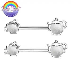 OUFER Women's Dainty Piercing Body Jewelry 2PCS Enamel Teapot Set Nipple Rings, Milky Hue, Miniature Realistic Tea Set Motif, Detailed Craft, Enamel Finish, Dainty Piercing Jewelry