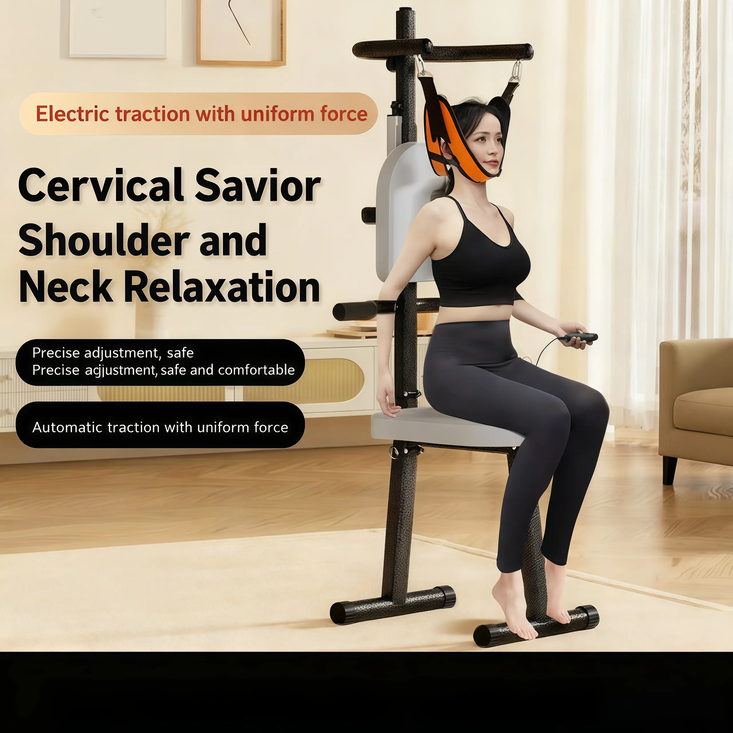 Electric Cervical Traction Chair, Freestanding Steel Frame Neck Shoulder Relaxer, Remote Operated Adjustable Home Use Device for Neck Pain Relief, 330 lbs Capacity, 1* Adapter