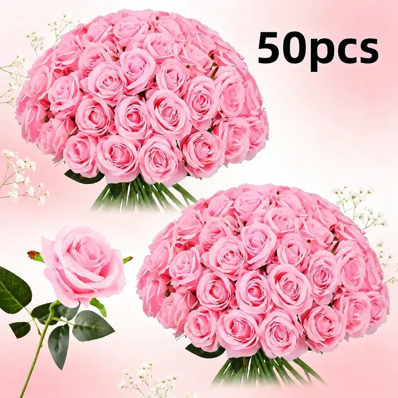 SummerVibes 50pcs Artificial Silk Roses Bulk, Fake Roses with Stems, Realistic Decorative Flowers for Wedding Centerpiece, Home Party Decor Valentine's Day,Mother's Day,Anniversaries,Thanksgiving, Plastic Faux Flowers