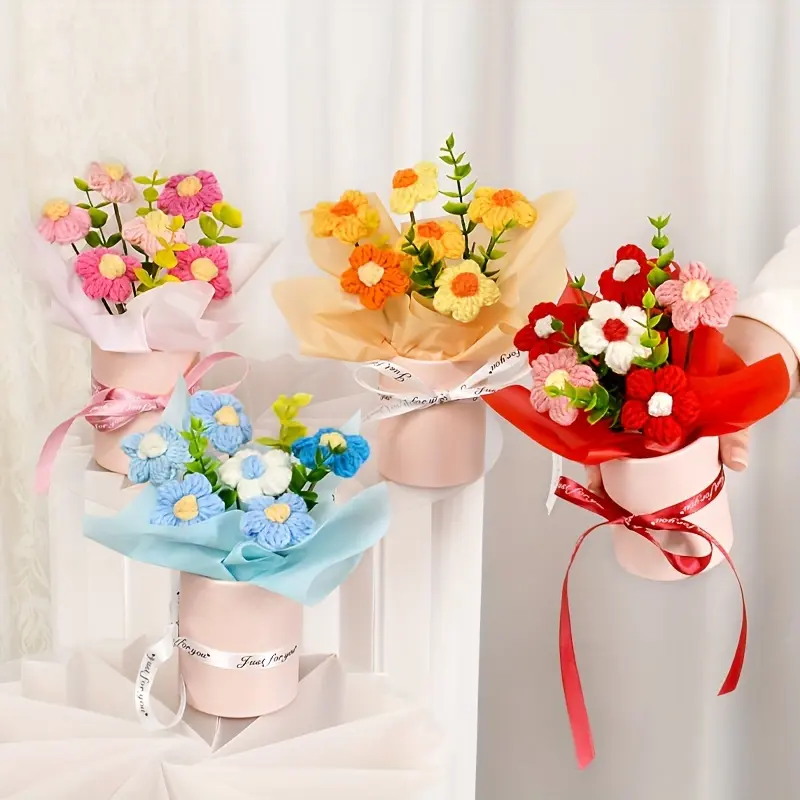 Crochet Flower Bouquet, 1 Set Handcrafted Crochet Flower Bouquet with Gift Box, Perfect for Birthdays, Anniversary Gifts, Decor
