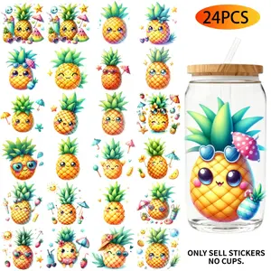UV DTF Transfer Stickers - 24Pcs/Set Summer Kawaii Pineapple Theme UV DTF 16OZ DIY Transfer Stickers For 16 Oz Water Bottle Glass Jar Laptop Home Decor DIY High Viscosity Transfer Paper