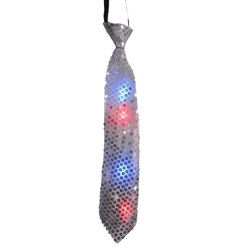 Silver Tie with LED Flashing Lights | Party Dress Up Necktie with Elastic Fit - 6 Multicolor Bulbs with 3 Light Modes For Halloween, Birthday, Fantasy Party - Unisex Fashion– One Size Fits Most