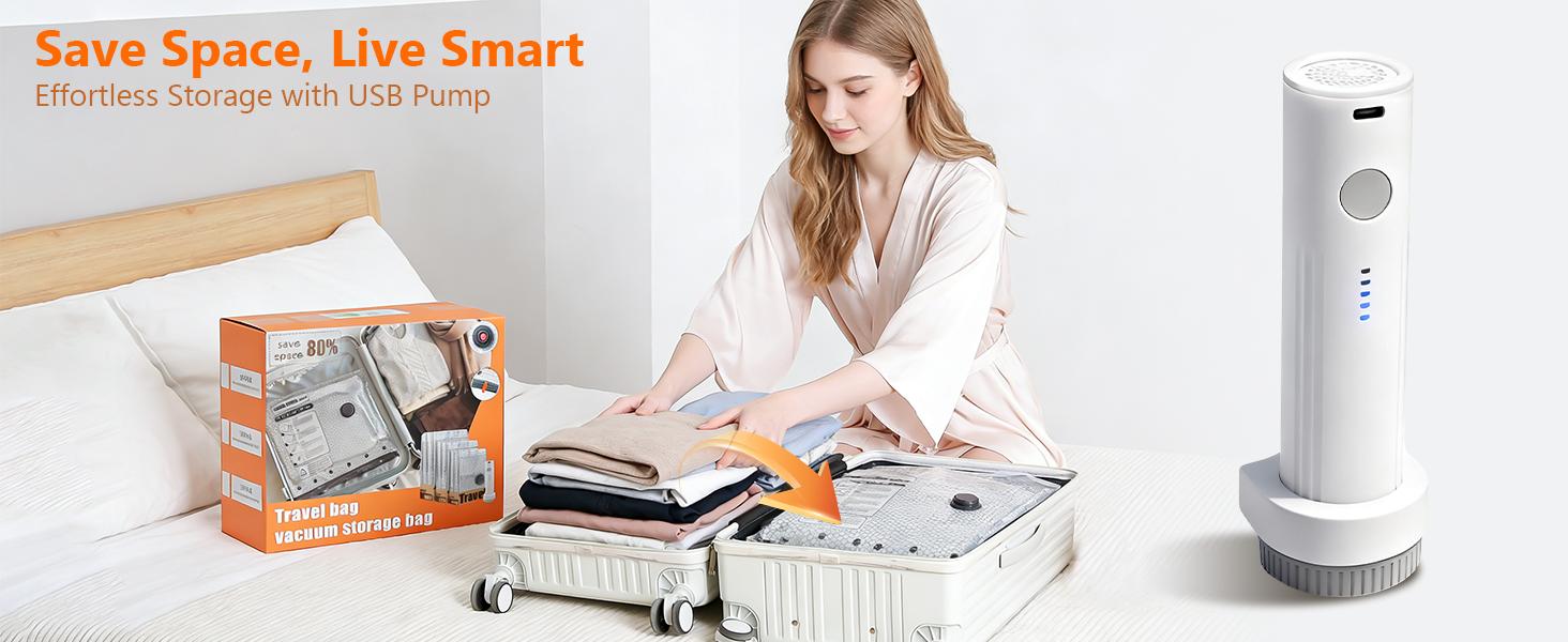 Cordless Vacuum Compression Storage Bags Set with Rechargeable USB Vacuum Pump, 15-Pack Waterproof Reusable Sealable Travel Organizer Space Saver Bags (3 Sizes) for Clothes & Carry-On, Sealable Storage Bags