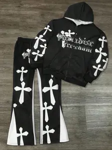 Men's Cross Print Zip Up Knit Hoodie & Pants Loungewear, Casual Comfy Long Sleeve Hooded Top & Trousers PJ Set, Men's Sleepwear for Daily Wear