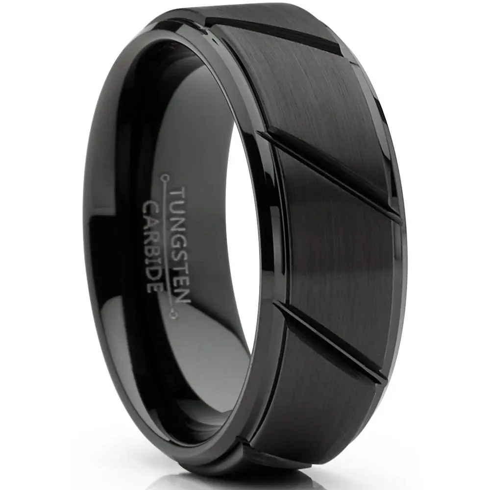 Men's 8MM Hypoallergenic Tungsten Wedding Ring, Black Diagonal Grooved Textured Band, Beveled Edges Comfort-Fit, Hypoallergenic Ring, Textured Band Ring