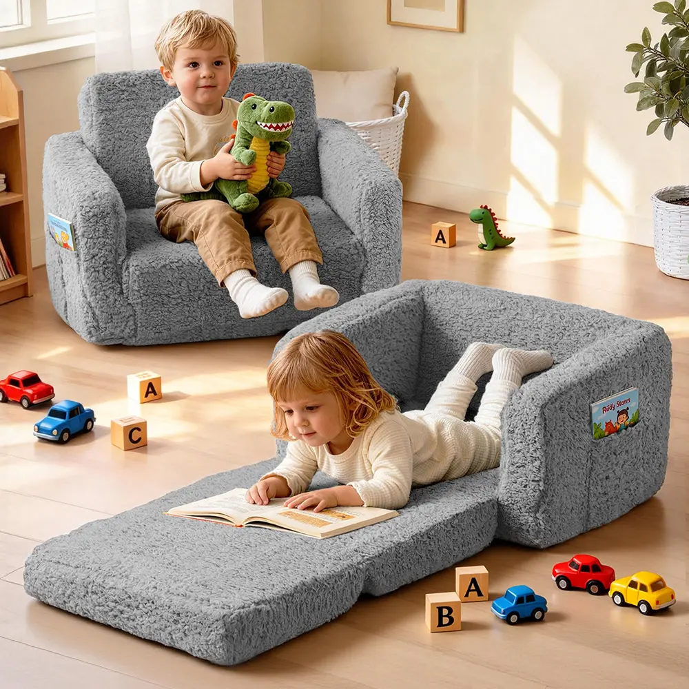 Toddler Couch - 2-in-1 Foldable Kid-Safe Sofa, Foldable Kids Couch, Toddler Chair Baby Convertible Sofa for Boys and Girls, Convertible to Lounger Ideal for Napping, Reading, Toddler Furniture, Kid-Safe Sofas, Gray