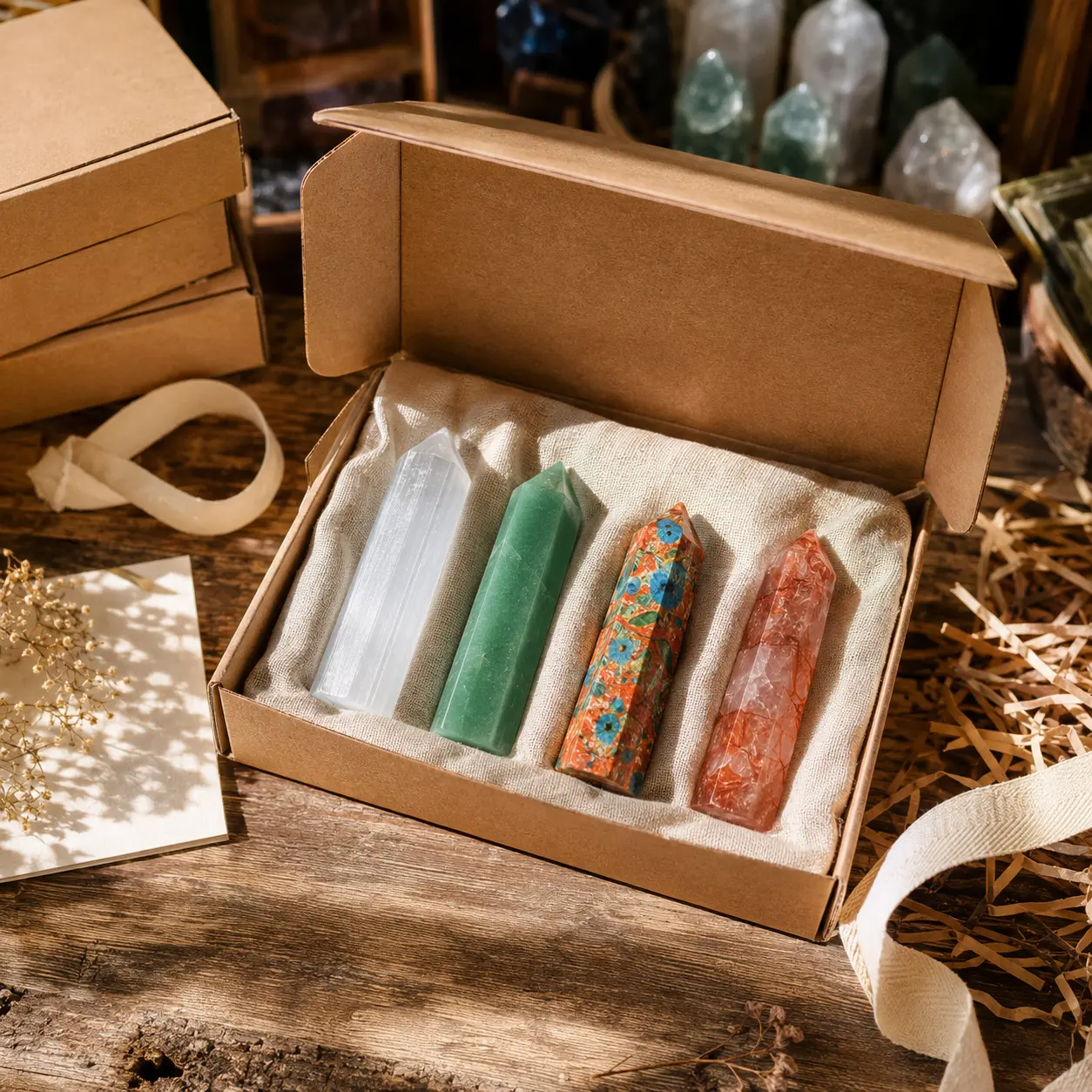 Natural multi-material crystal pillars, including selenite, green aventurine, blue apatite and golden sunstone (co-growth), and red hematoid quartz.Mineral Specimen, Unique Home Decor, Ideal Gift For Crystal Collectors.Christmas,Valentine'