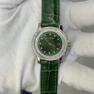 Bvlgari 29mm Stainless Steel Quartz Watch, Custom Green Dial & Custom Diamond Bezel, Leather Strap WHT023801