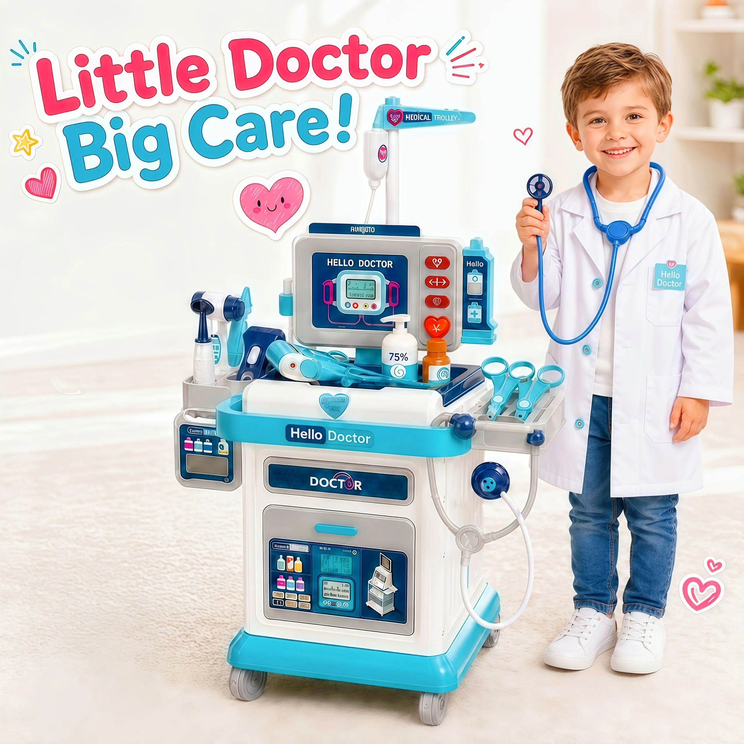 37Pcs Kids Doctor Trolley Playset, Pretend Play Mobile Medical Station with Lights & Sounds, Educational Role Play Medical Kit Toy with Stethoscope, Gift for Boys Girls Age 3+