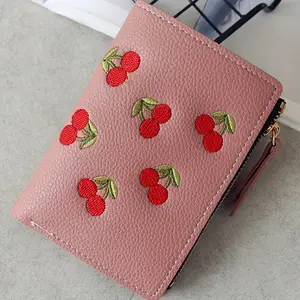Women's Vertical Buckle Cherry Embroidery Short Trendy Small Wallet New Simple Fashionable Student Purse